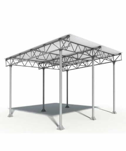 Металлический каркас навеса собранный из точно нарезанных профильных труб