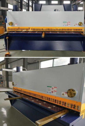 Промышленная гильотина для резки листового металла в процессе работы