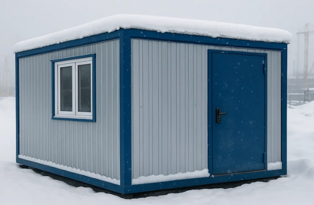 Утепленная строительная бытовка обшитая оцинкованными профилированными листами готовая к зимней эксплуатации на стройплощадке